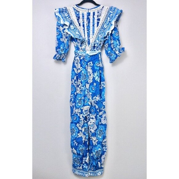 Farm Rio Full of Flowers Linen Ruffle Jumpsuit S Floral Lace Belted Vneck - Picture 12 of 13